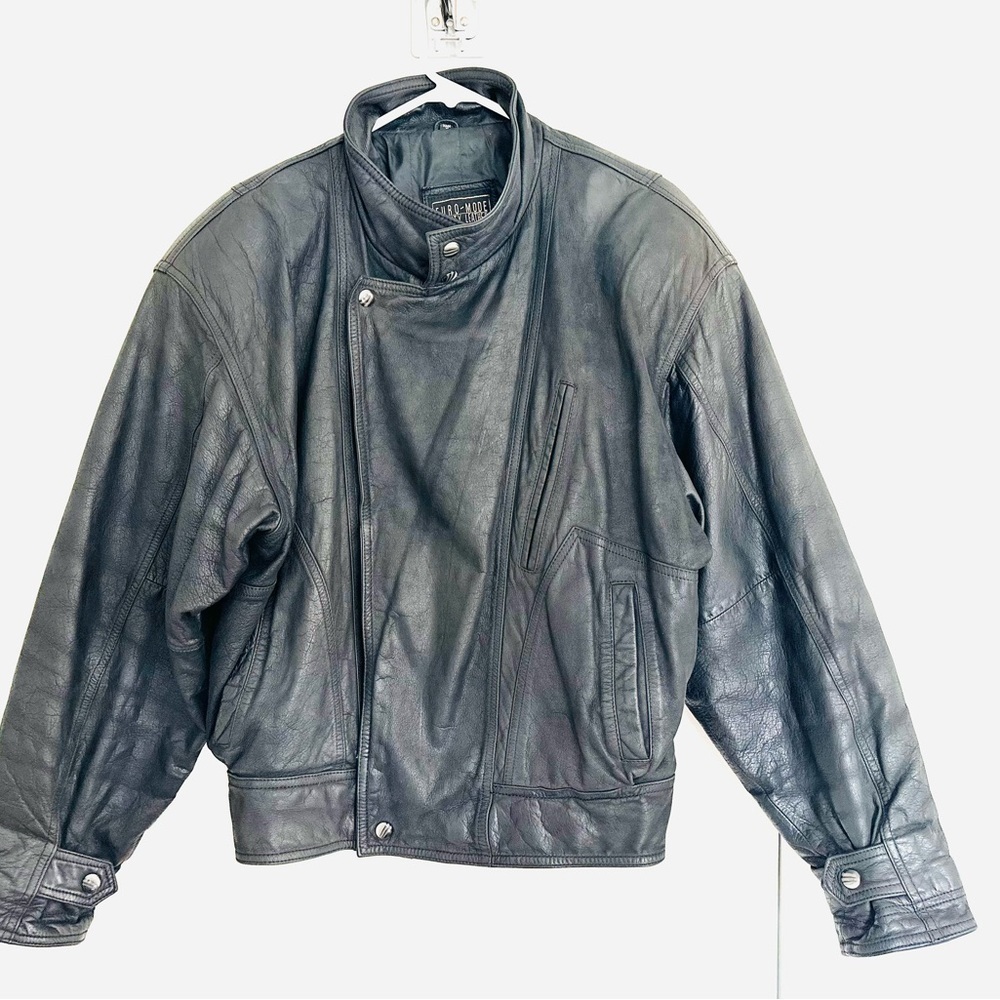 VTG 90s IOU Euro Mode Black Leather  Bomber Jacket Sz:40 Motorcycle Bikercore